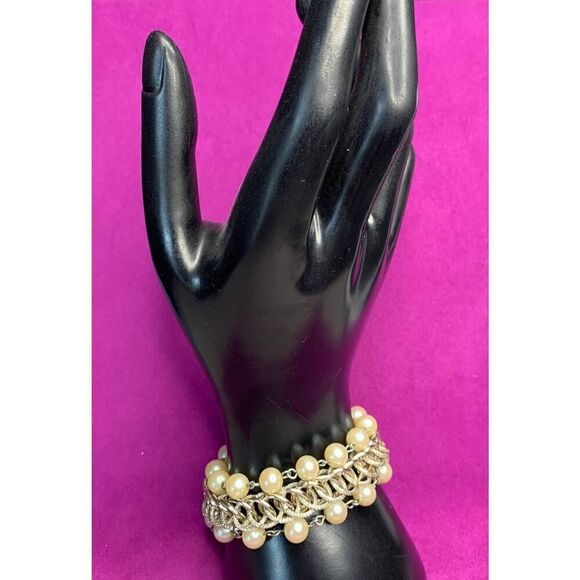 Double Tri twisted loop Chain and Pearl bracelet in Silver plate, Vintage - Picture 1 of 4